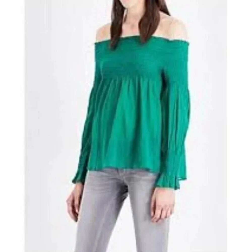 Maje LAFYR Top Blouse Green Long Sleeve Smocked  Off Shoulder M